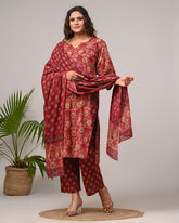 Plus Size Maroon Cotton Printed Kurta Pant Set with Dupatta-200026